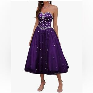 Women’s strapless tea length prom dress, tulle ball gown with crystal beading